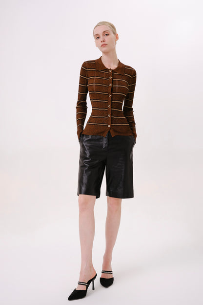 Chocolate Brown Striped Fitted Knit Top