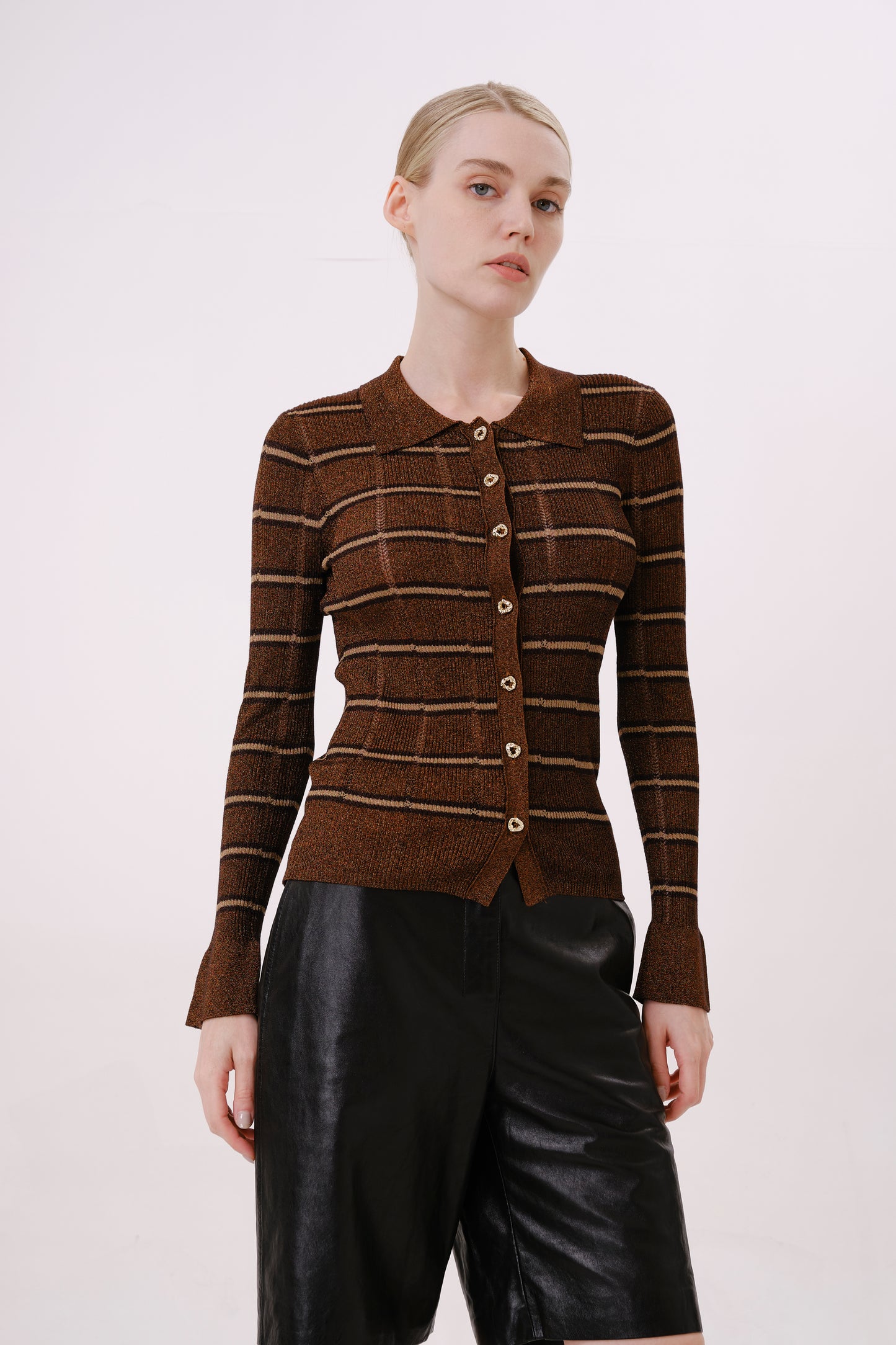 Chocolate Brown Striped Fitted Knit Top