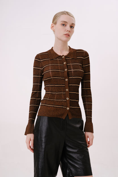 Chocolate Brown Striped Fitted Knit Top