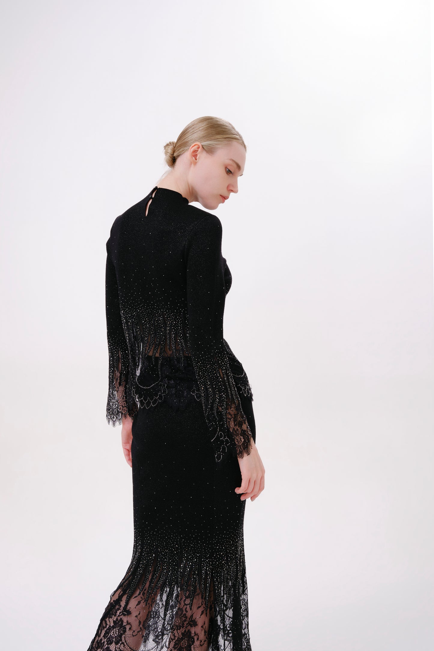 Black Mock Neck Rhinestone Sheer Hem Knit Top