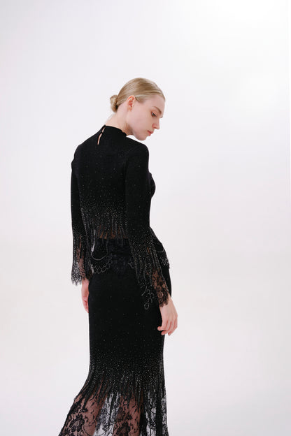 Black Mock Neck Rhinestone Sheer Hem Knit Top