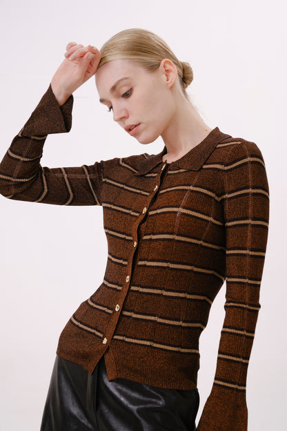 Chocolate Brown Striped Fitted Knit Top