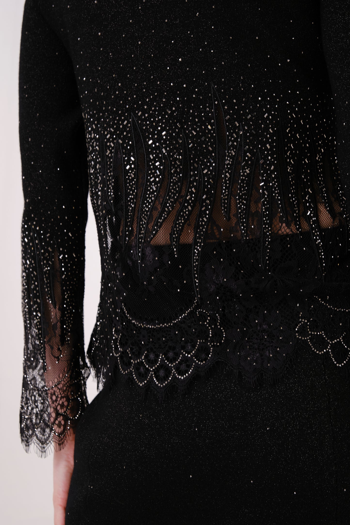 Black Mock Neck Rhinestone Sheer Hem Knit Top
