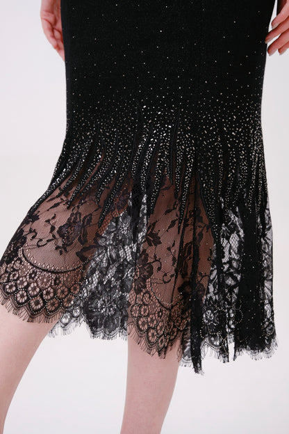 Black Rhinestone Knit Fishtail Skirt