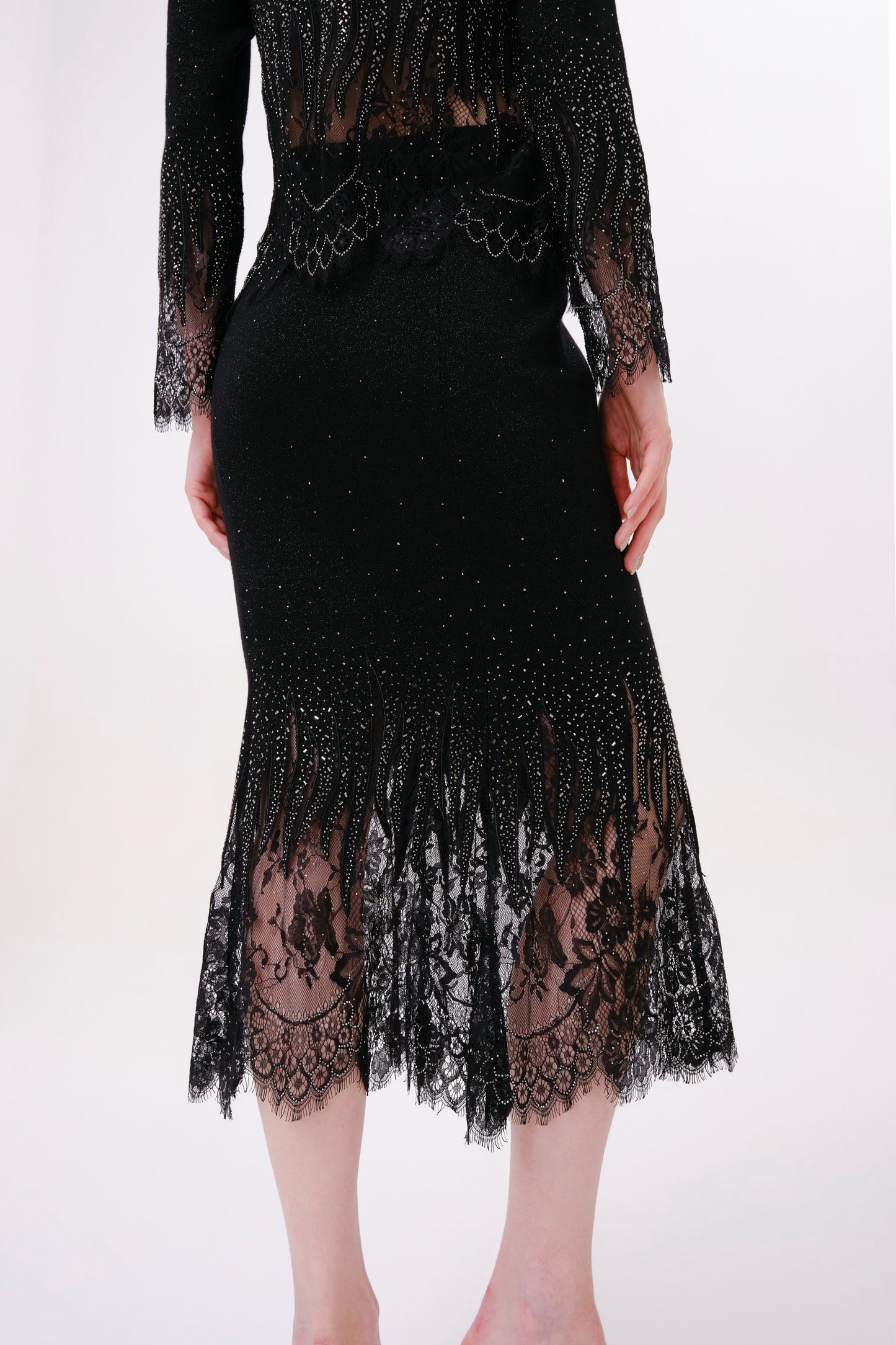 Black Rhinestone Knit Fishtail Skirt