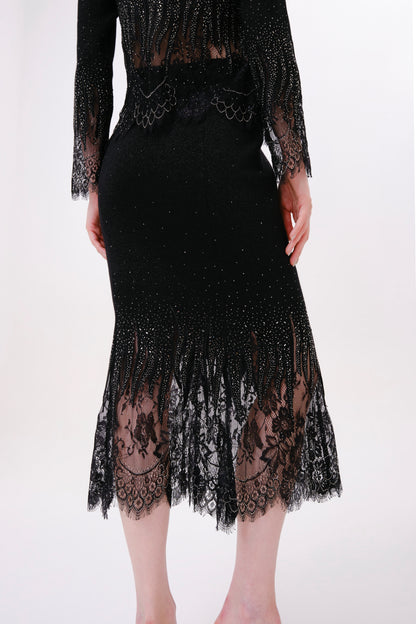 Black Rhinestone Knit Fishtail Skirt