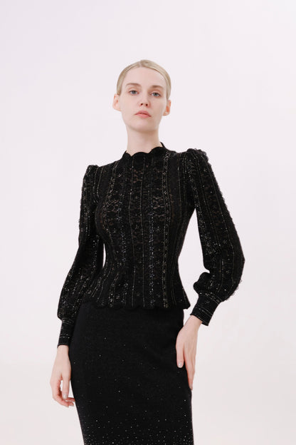 Black Rhinestone Lace Floral Puff Sleeve Knit Top