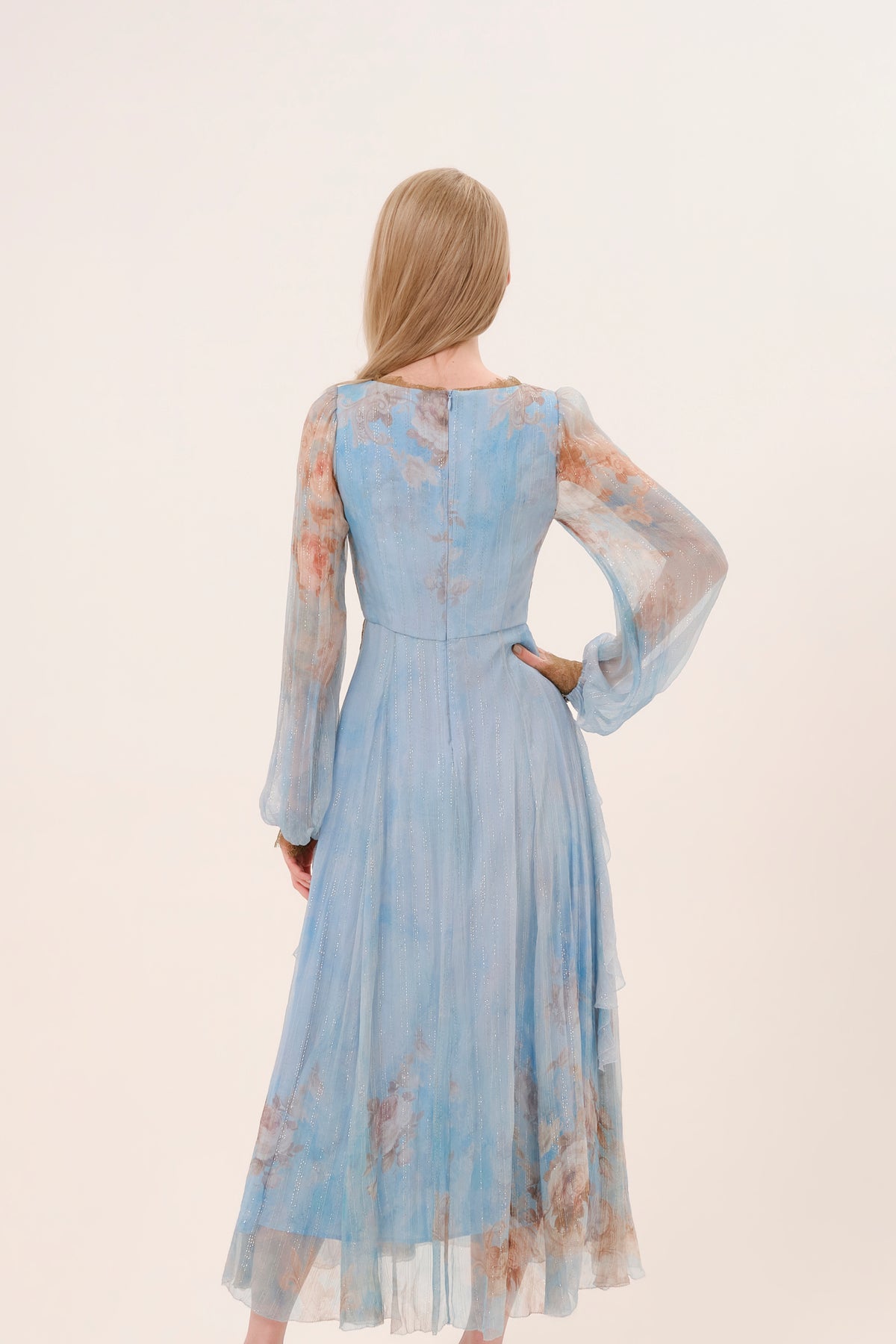 Blue Floral Silk Lace Trim Dress