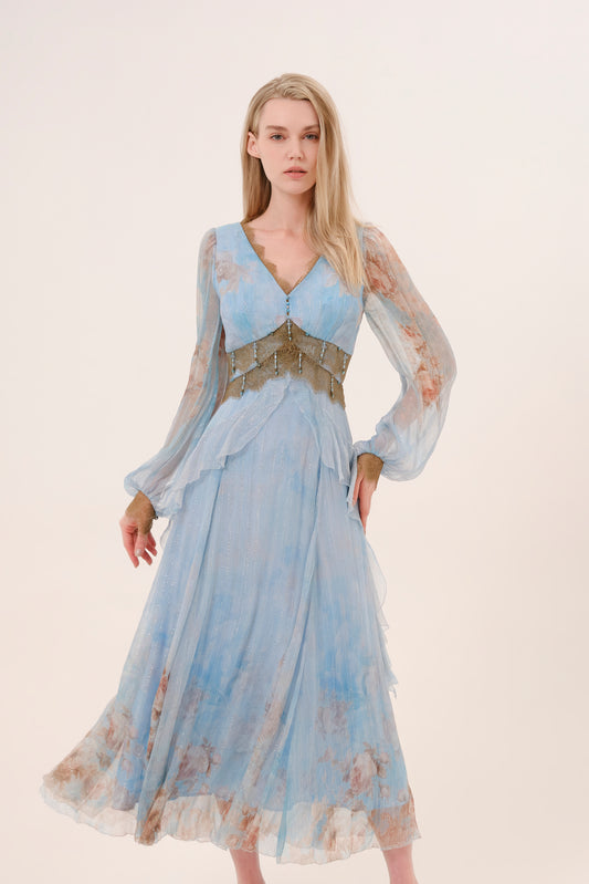 Blue Floral Silk Lace Trim Dress