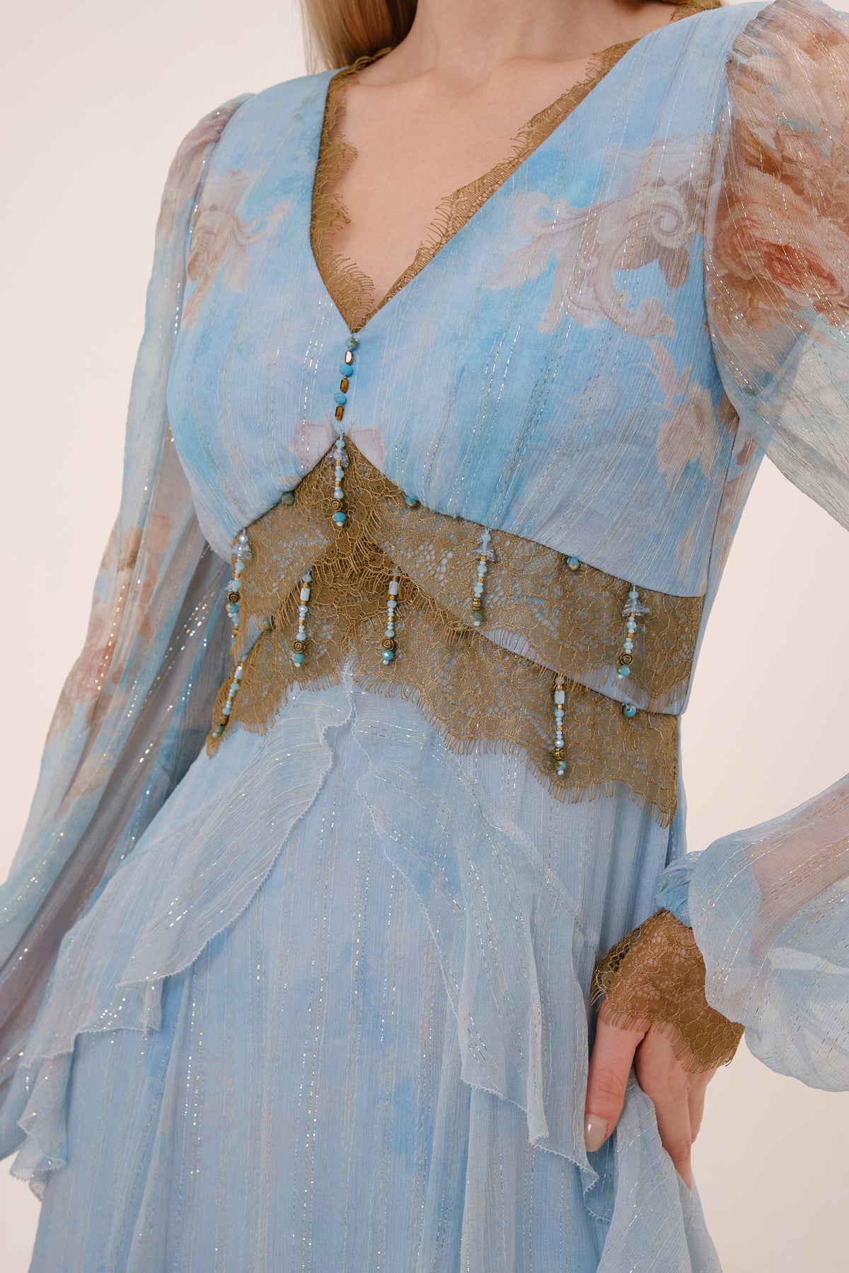 Blue Floral Silk Lace Trim Dress
