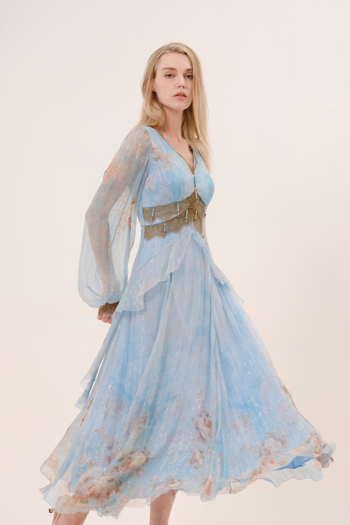 Blue Floral Silk Lace Trim Dress