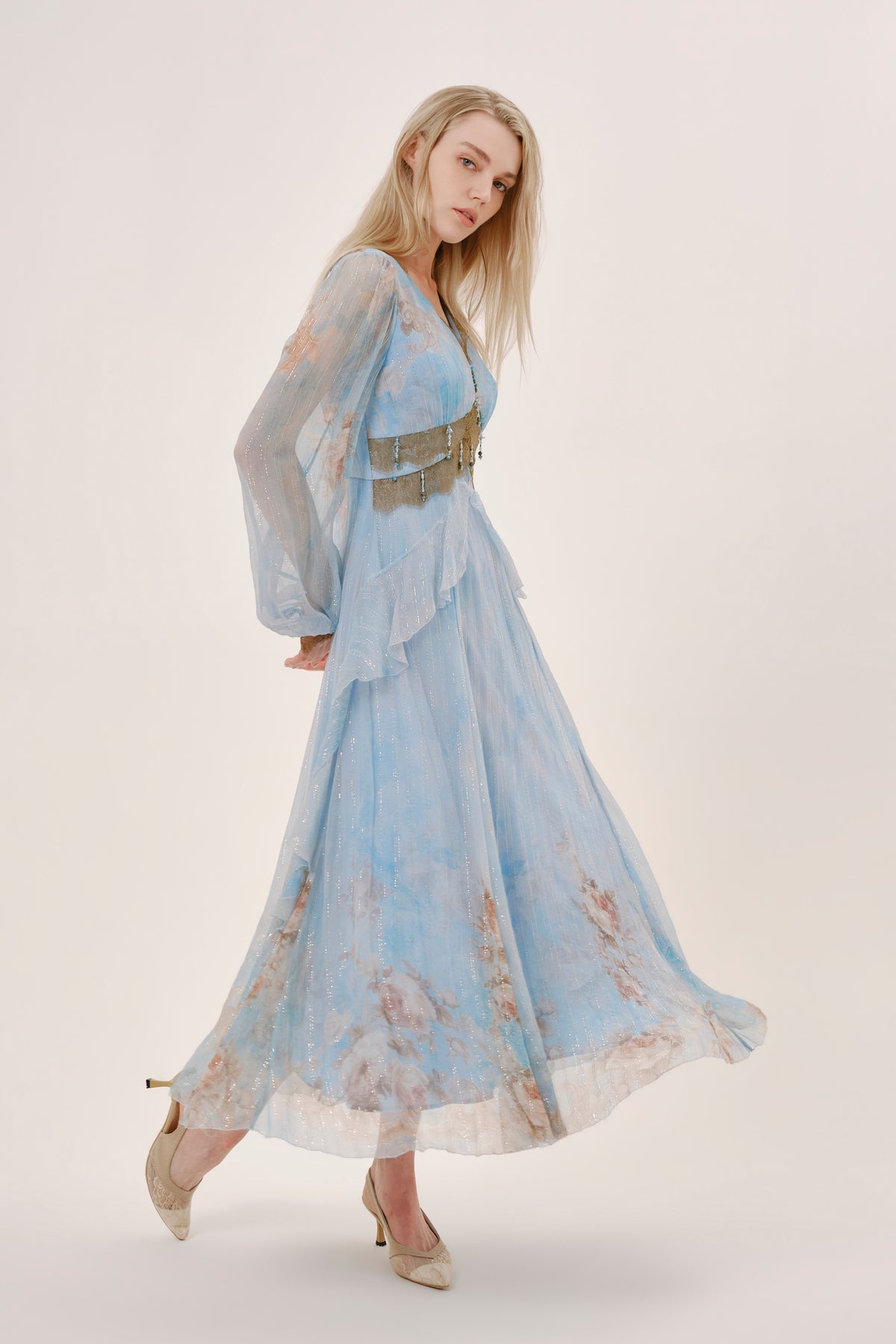 Blue Floral Silk Lace Trim Dress