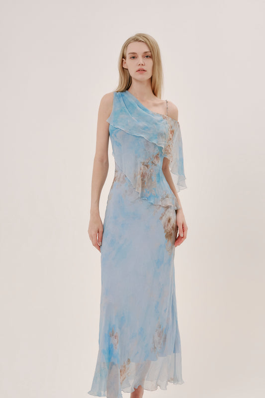 Blue Floral Silk One-Shoulder Dress