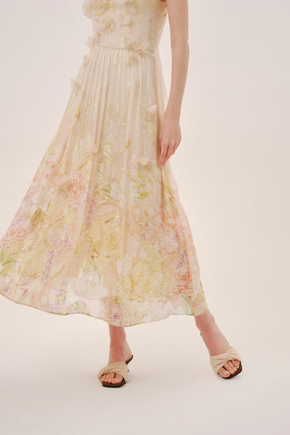 Yellow Floral Silk Strapless Dress