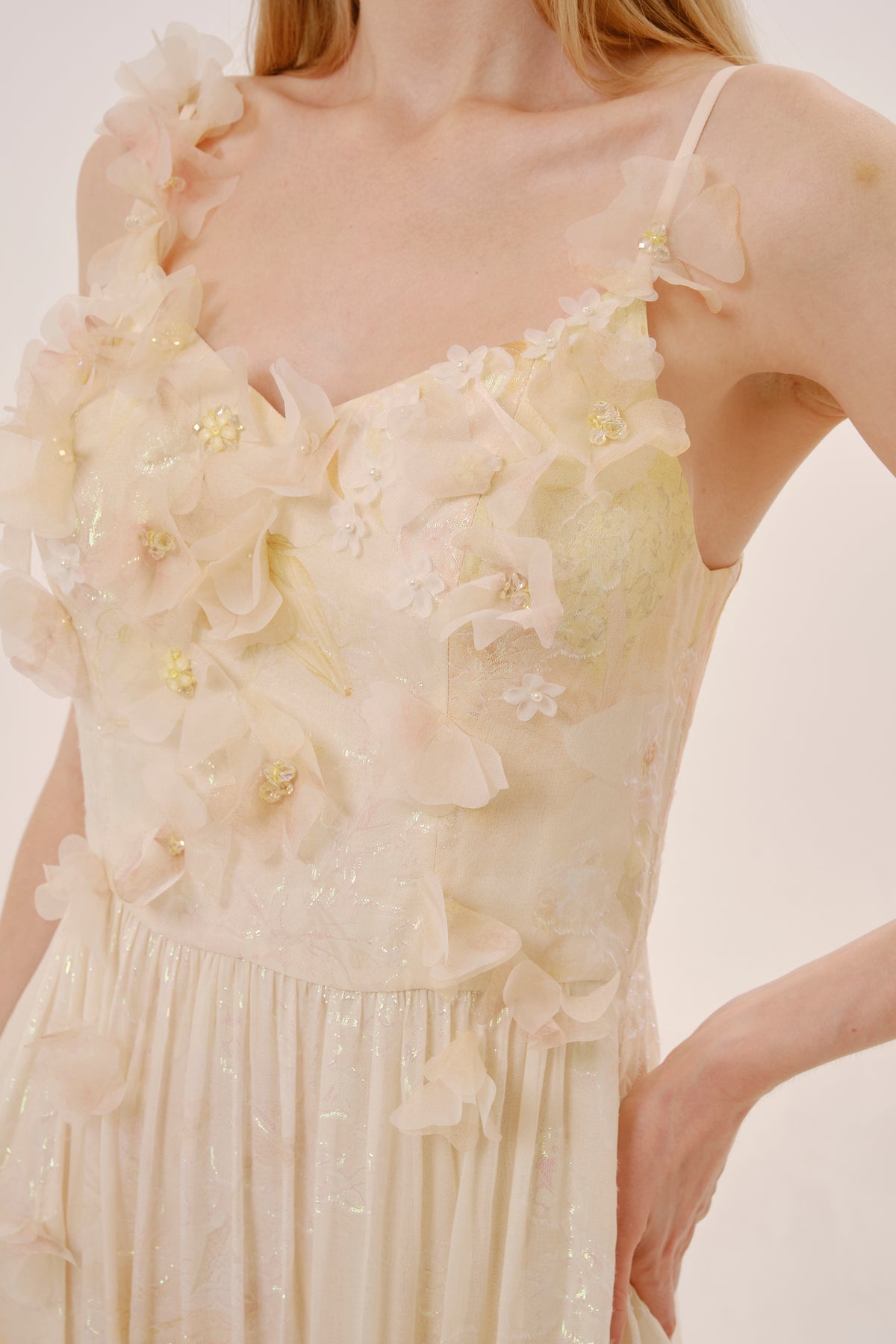 Yellow Floral Silk Strapless Dress
