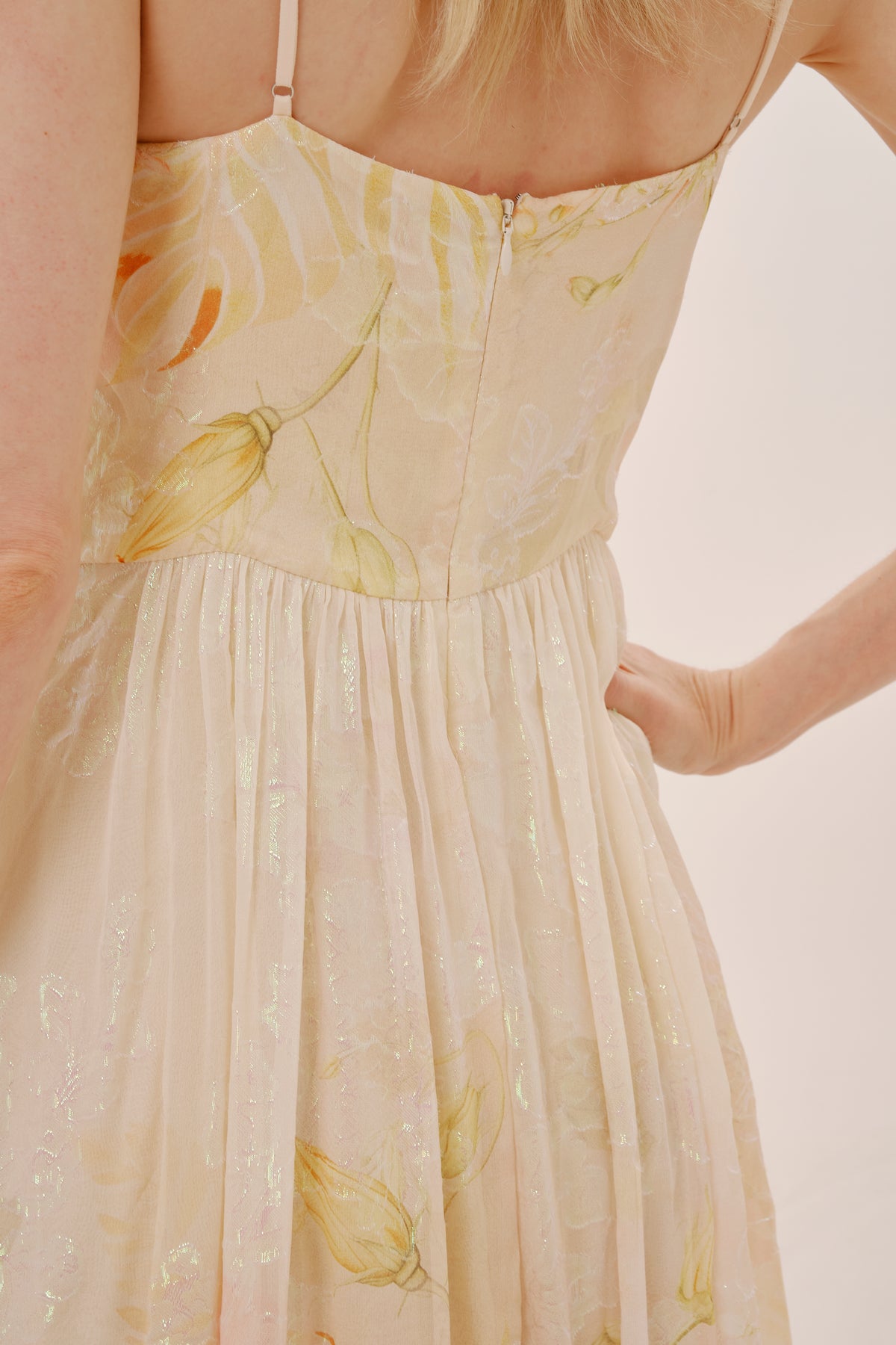 Yellow Floral Silk Strapless Dress