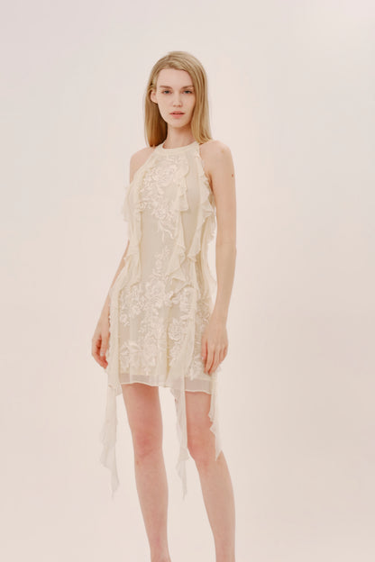 Beige Silk Halter Neck Mini Dress