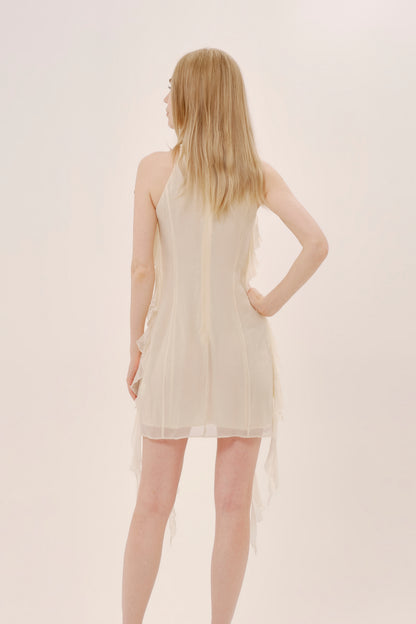 Beige Silk Halter Neck Mini Dress