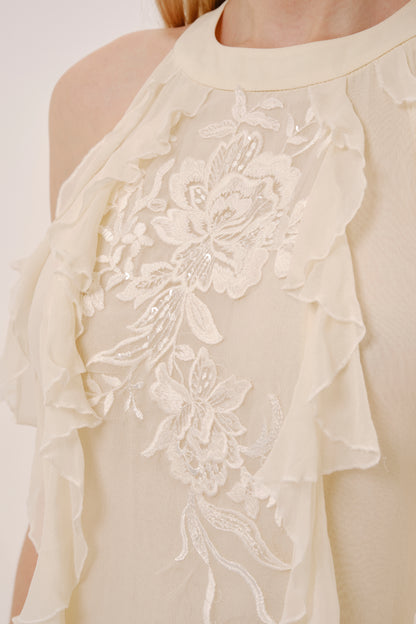 Beige Silk Halter Neck Mini Dress