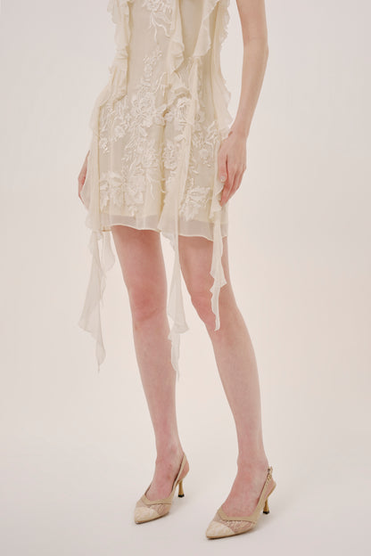 Beige Silk Halter Neck Mini Dress