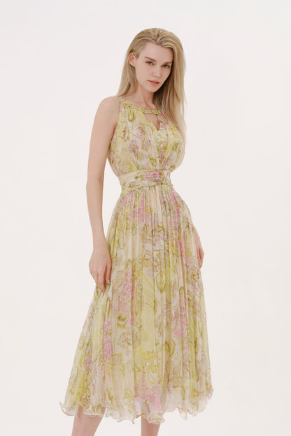 Green Floral Silk Halter Neck Dress