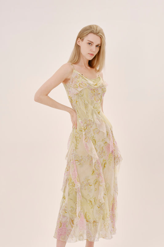 Green Floral Silk Cowl Neck Dress