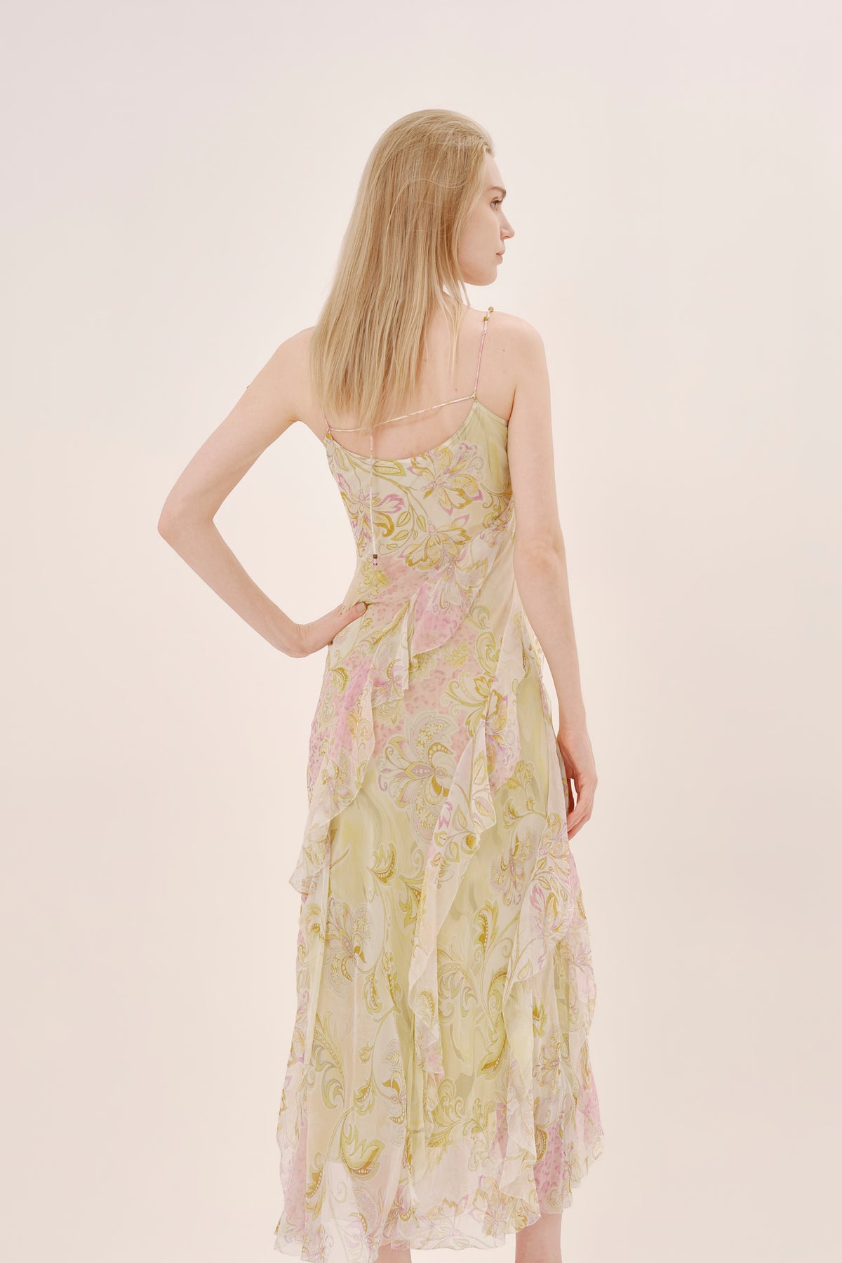 Green Floral Silk Cowl Neck Dress