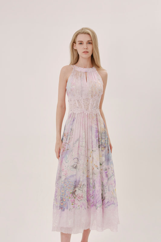 Pink Purple Floral Silk Halter Neck Dress