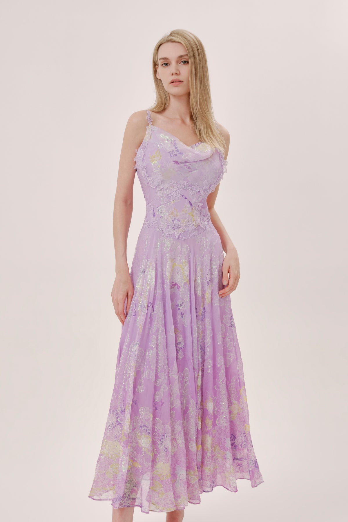 Purple Floral Silk Cowl Neck Dress