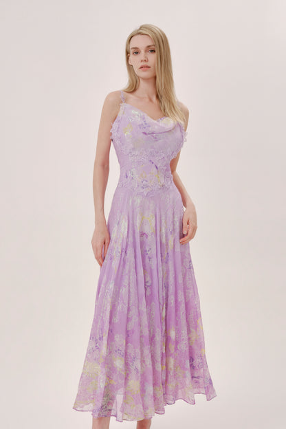 Purple Floral Silk Cowl Neck Dress