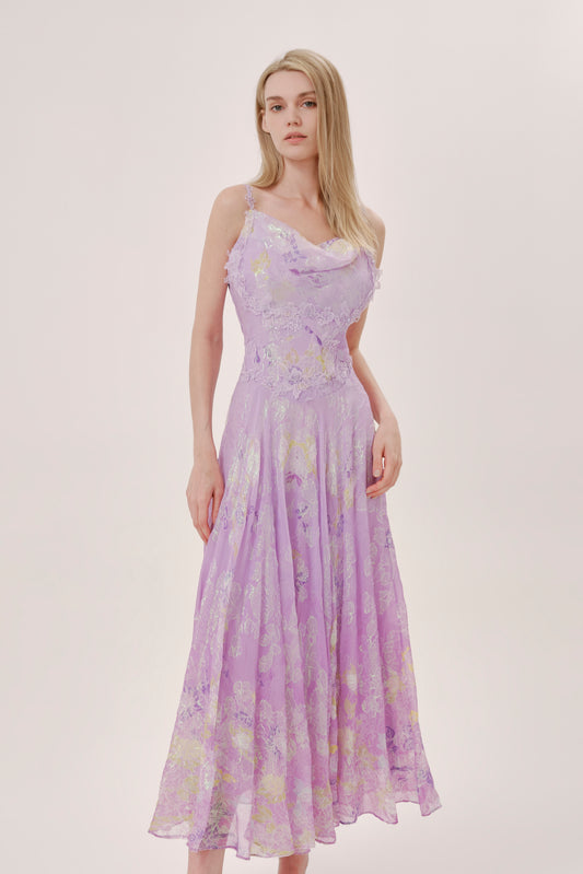 Purple Floral Silk Cowl Neck Dress