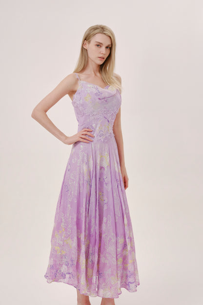 Purple Floral Silk Cowl Neck Dress