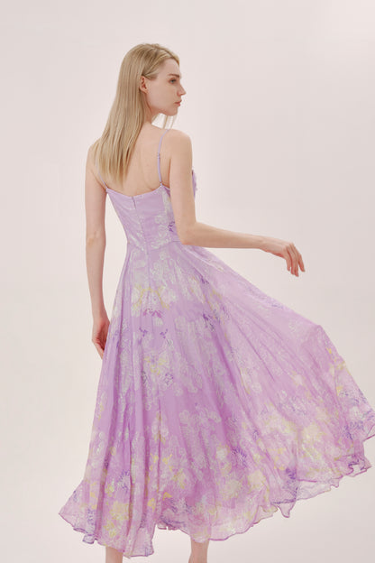 Purple Floral Silk Cowl Neck Dress