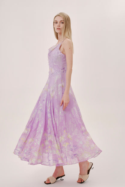 Purple Floral Silk Cowl Neck Dress