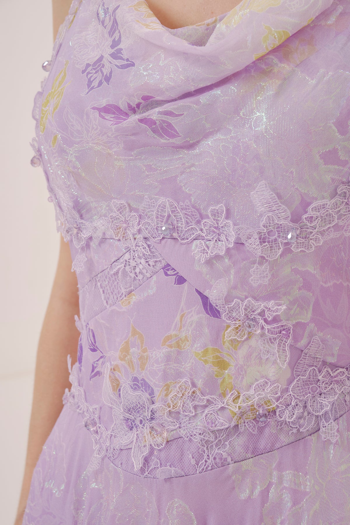 Purple Floral Silk Cowl Neck Dress
