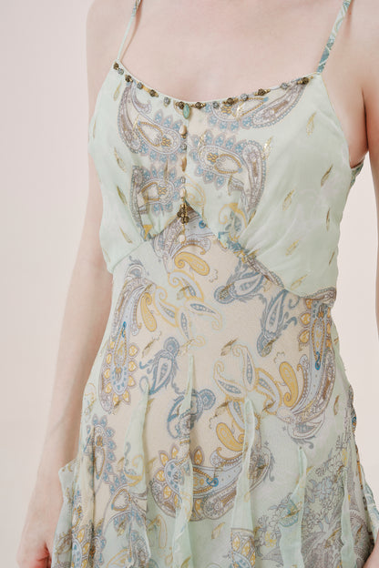 Green Paisley Silk Spaghetti Strap Dress