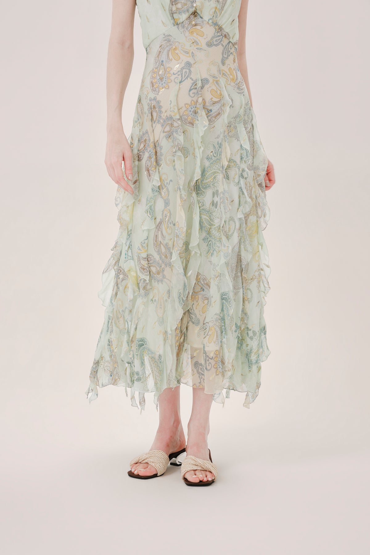 Green Paisley Silk Spaghetti Strap Dress