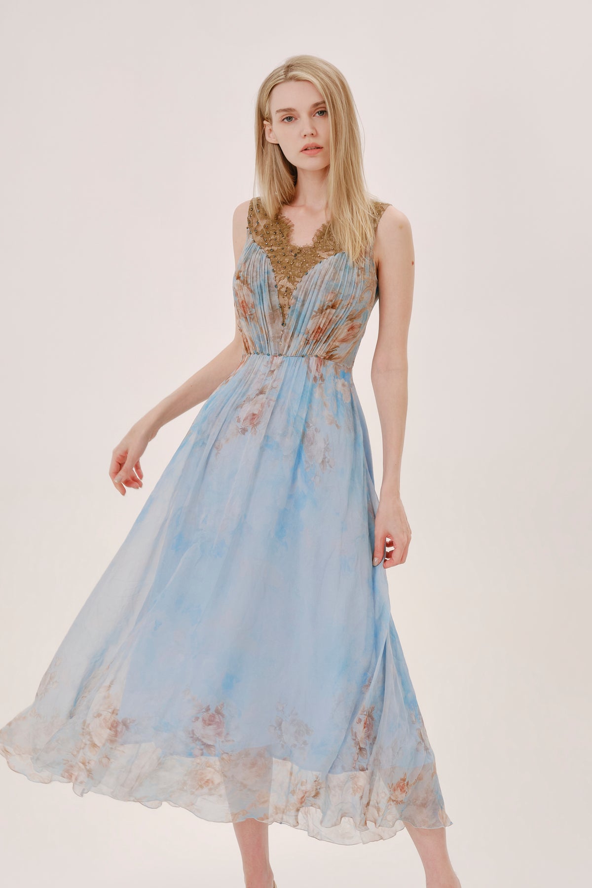 Blue Pink Floral Silk Lace Trim Dress