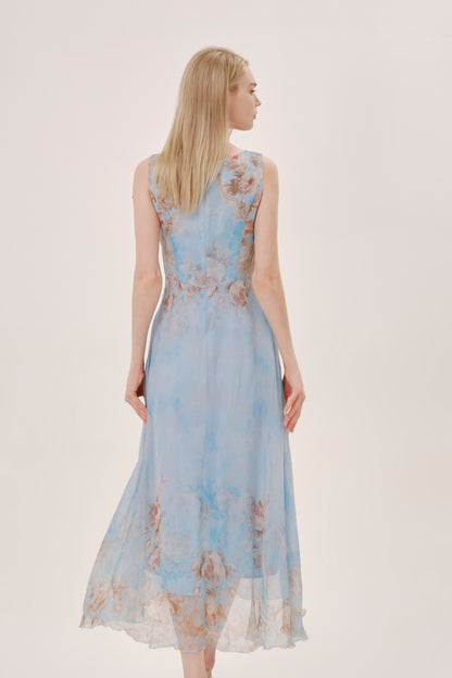 Blue Pink Floral Silk Lace Trim Dress