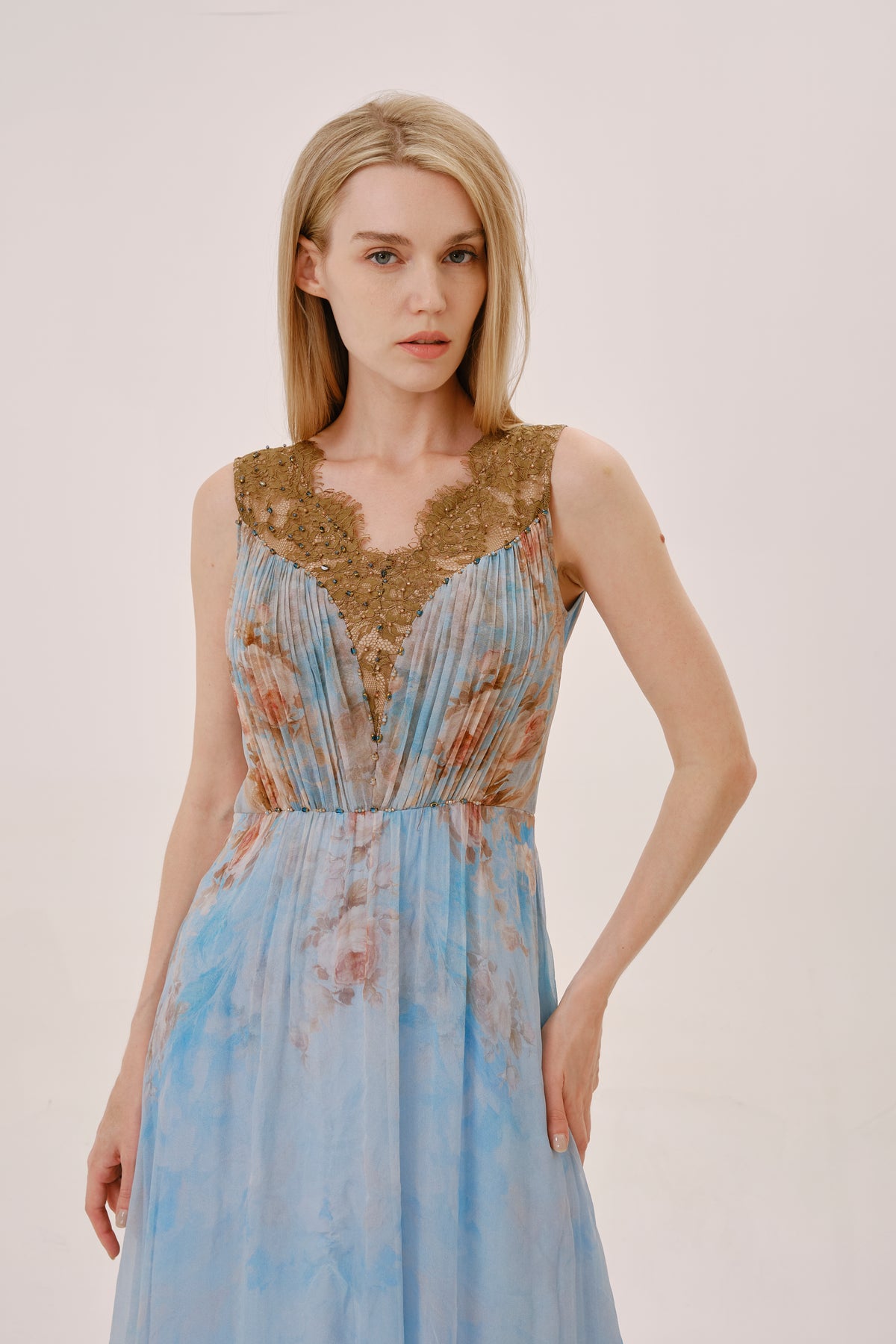 Blue Pink Floral Silk Lace Trim Dress