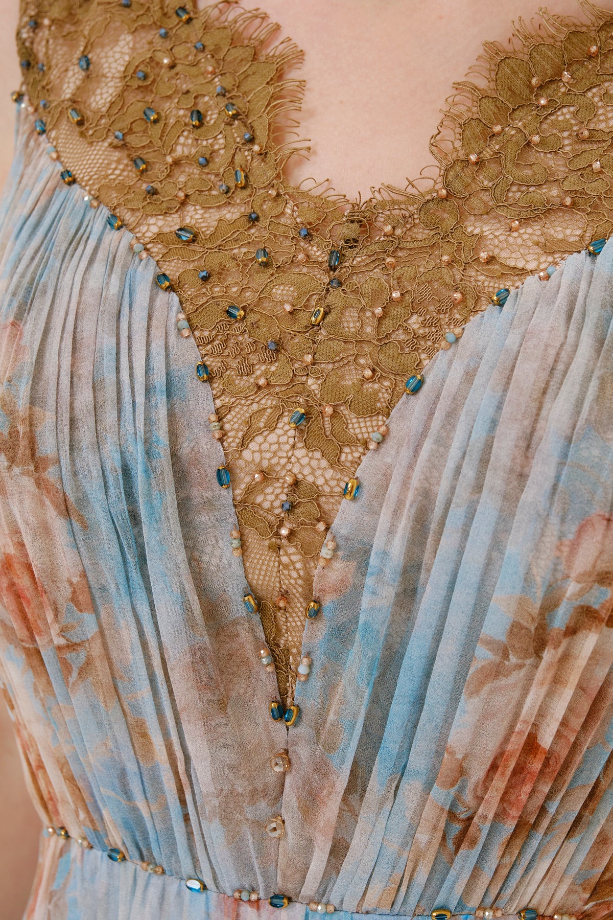 Blue Pink Floral Silk Lace Trim Dress