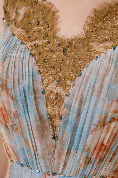 Blue Pink Floral Silk Lace Trim Dress
