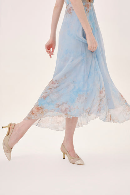 Blue Pink Floral Silk Lace Trim Dress