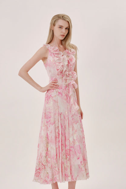 Pink Floral Silk Halter Neck Dress