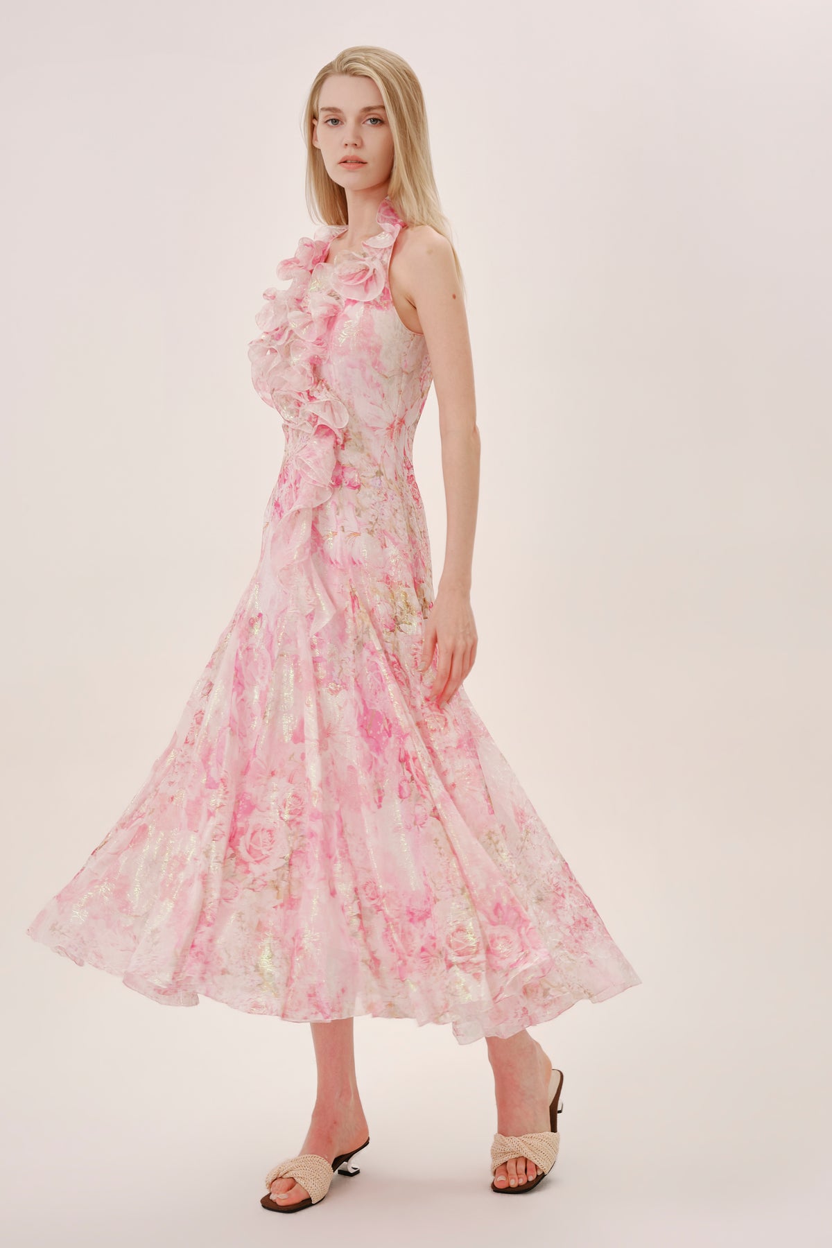 Pink Floral Silk Halter Neck Dress