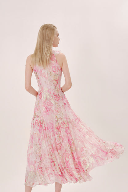 Pink Floral Silk Halter Neck Dress