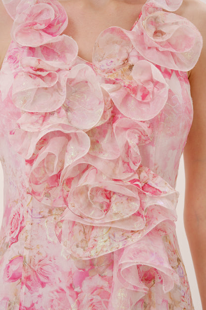 Pink Floral Silk Halter Neck Dress