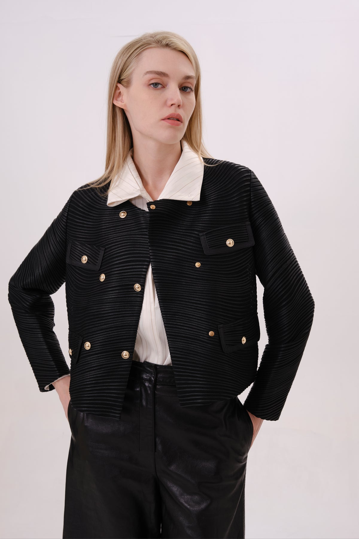 Black Structured Lamb Leather Jacket