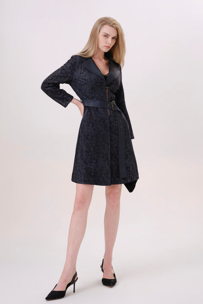 Navy Leather Belted Longline Trench Coat