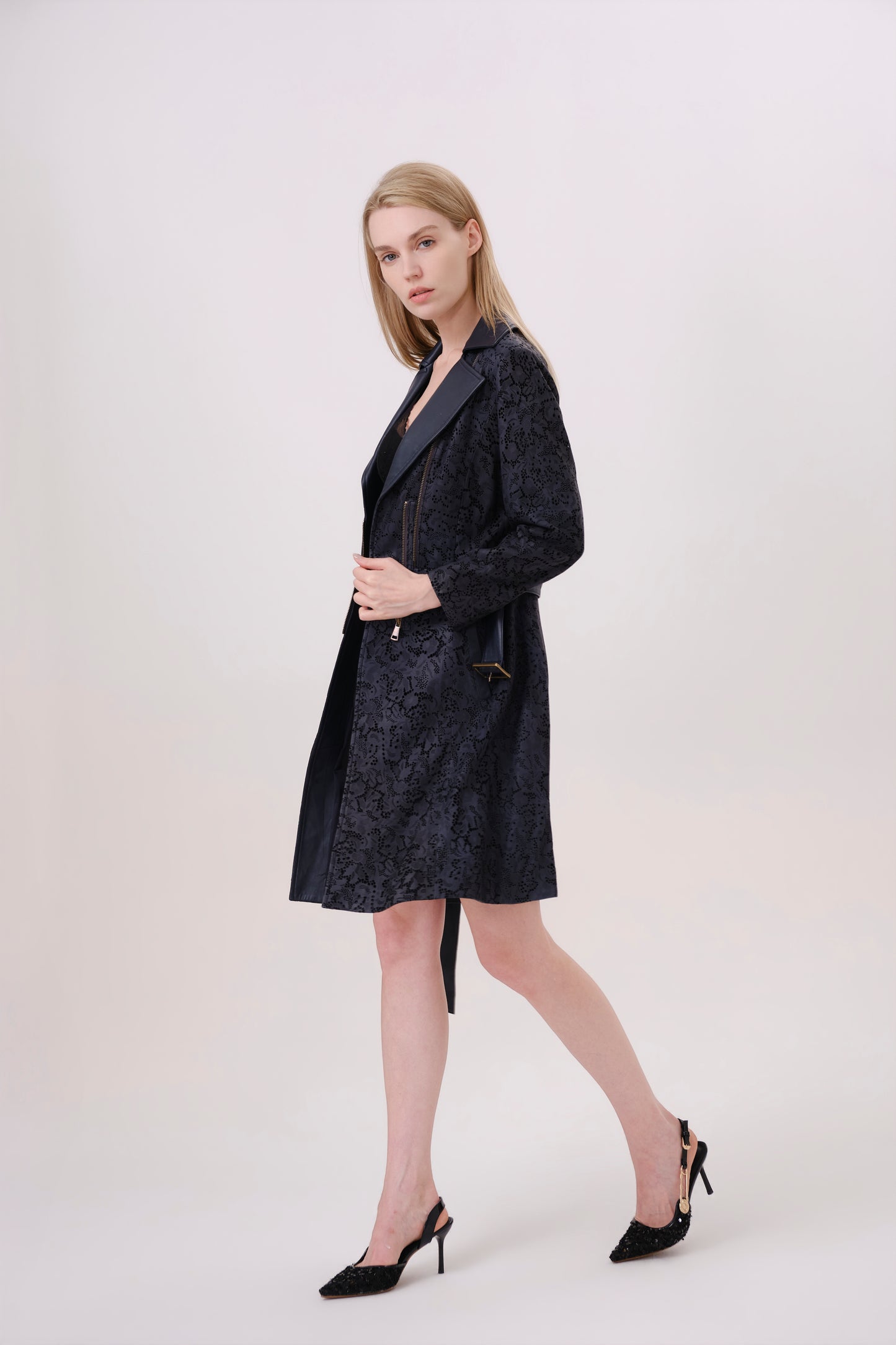 Navy Leather Belted Longline Trench Coat